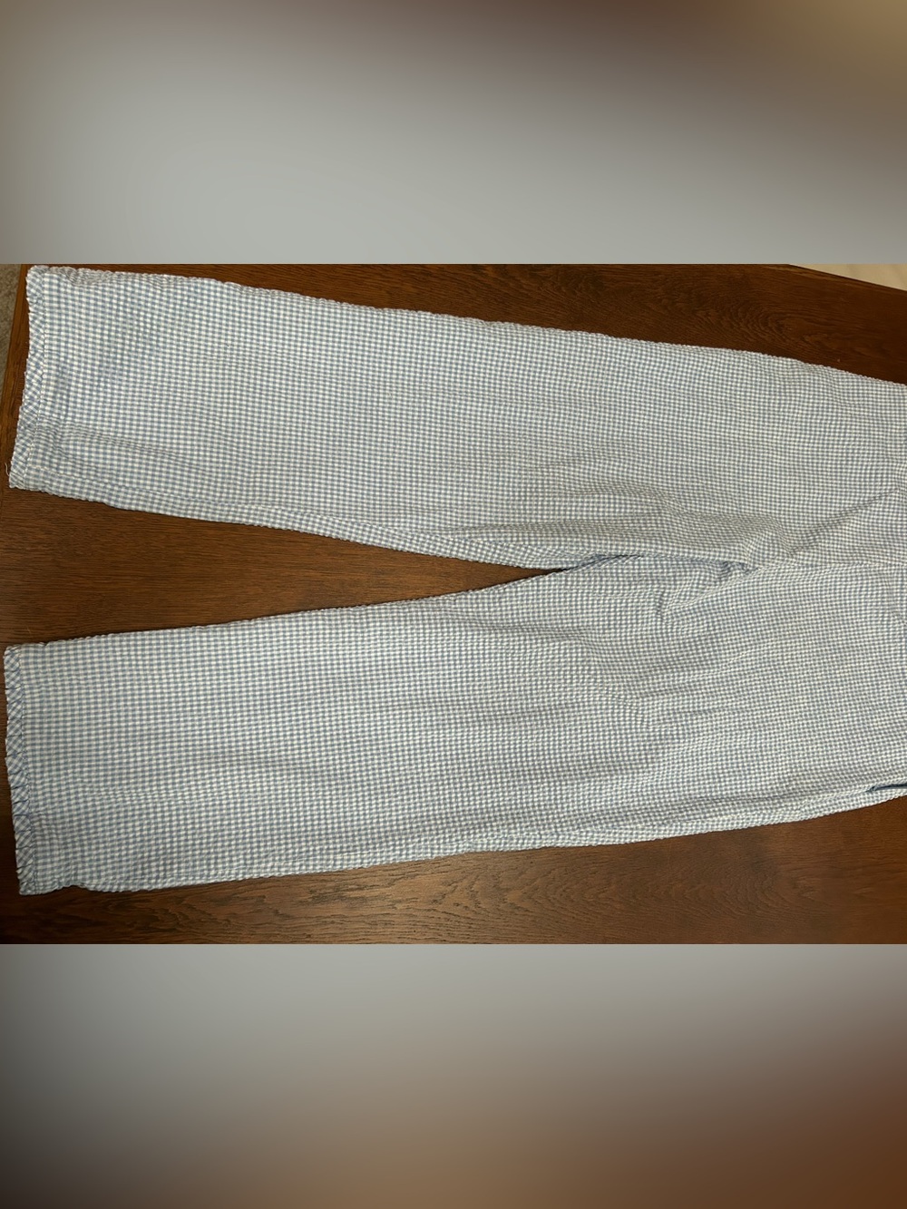 Willi Smith Lt Blue Pinstripe Seersucker Pants, ruffle hem bottoms. Ex cond. 14s - Picture 2 of 5